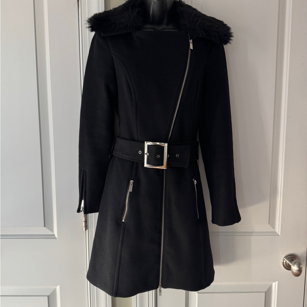 Bebe XS Black Wool Zipper Coat with Detachable Fut